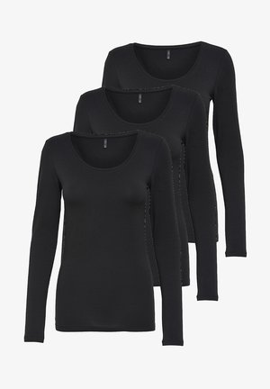 Three long-sleeve black t-shirts, featuring scoop necks and side stitching details. Made of soft, stretchy fabric for comfort.