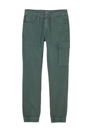 Green cargo pants with elastic cuffs, front button and zipper, two large front pockets, and one flap pocket on the right thigh.