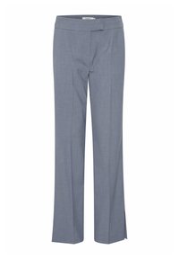 Pantalons ajustés gris clair à coupe droite, présentant une texture lisse, des passants de ceinture et des fentes latérales au bas.