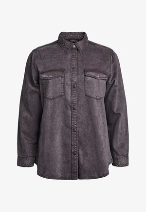 Grey denim shirt with a button-up front, classic collar, and two chest pockets. Features long sleeves and subtle faded texture.