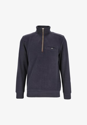Dunkelblau navy Pullover mit langen Ärmeln, halbem Reißverschluss, hohem Kragen, strukturiertem Vorderteil, gerippten Bündchen und Saum sowie knöpfbarer Brusttasche.