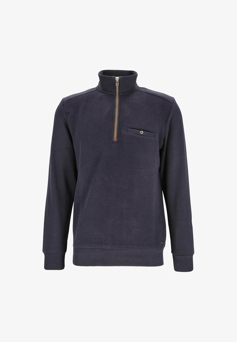 Dunkelblau navy Pullover mit langen Ärmeln, halbem Reißverschluss, hohem Kragen, strukturiertem Vorderteil, gerippten Bündchen und Saum sowie knöpfbarer Brusttasche.