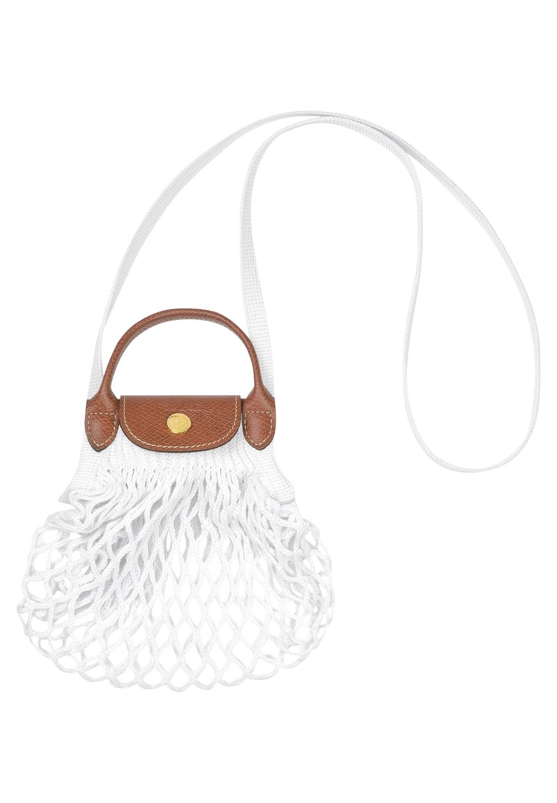 Weißes Netzhandtäschchen mit einem braunen Ledergriff und einer kleinen braunen Klappe. Das Netz bildet eine breite Basis und sorgt für eine einzigartige Textur und ein ausgefallenes Design.