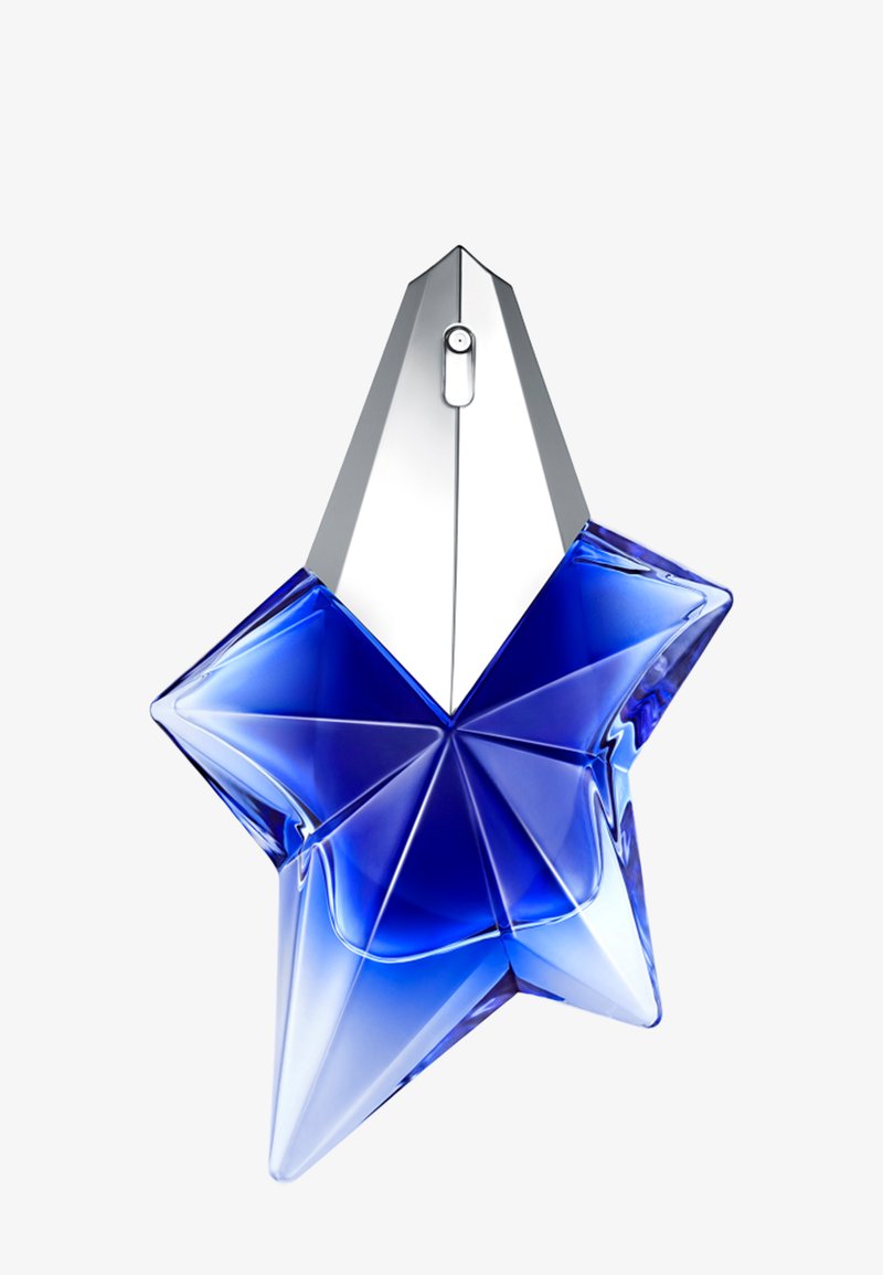 Bottiglia di profumo a forma di stella in vetro blu trasparente con accenti argentati. Presenta sfaccettature angolate e una parte superiore piatta per un design moderno.