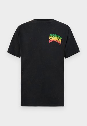 Black cotton t-shirt with a crew neck, short sleeves, and a colorful logo on the left chest area featuring a gradient effect.