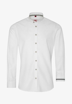 White long-sleeve shirt featuring a band collar, front button closures, and black and white striped accents on the cuff. Smooth texture.