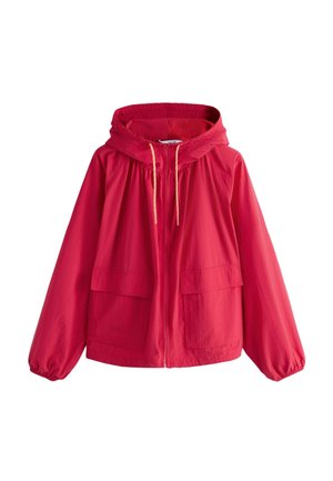 Red hooded jacket with front zipper, adjustable drawstrings, two large front flap pockets, and elasticated cuffs.