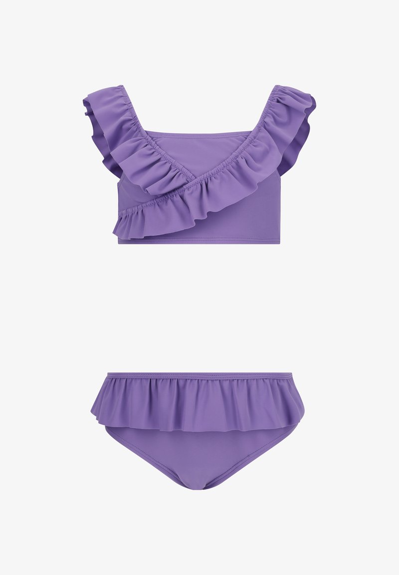 Lila Bikini-Set mit einem rüschierten, einseitigen Oberteil und passendem rüschierten Bikini-Höschen, aus glattem, elastischem Stoff gefertigt.