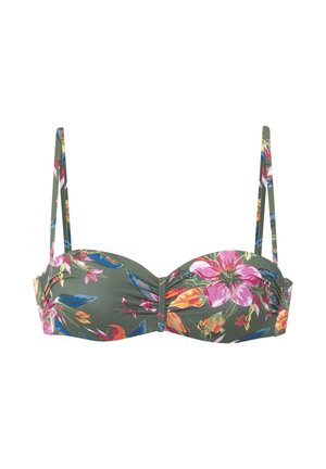 Grünes Bikinioberteil mit pinkem, orangefarbenem und blauem tropischem Blumenmuster und dünnen verstellbaren Schulterträgern.