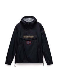 Zwarte lichtgewicht jas met een halve rits, capuchon en verstelbare zoom. Bevat het "Napapijri"-logo en een Noorse vlag patch aan de voorkant.