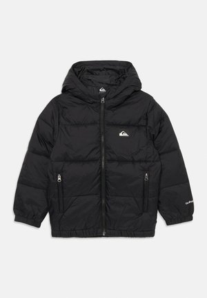 Black padded hooded jacket with front zipper, two zippered pockets, elastic cuffs, and a small logo on the chest and sleeve.