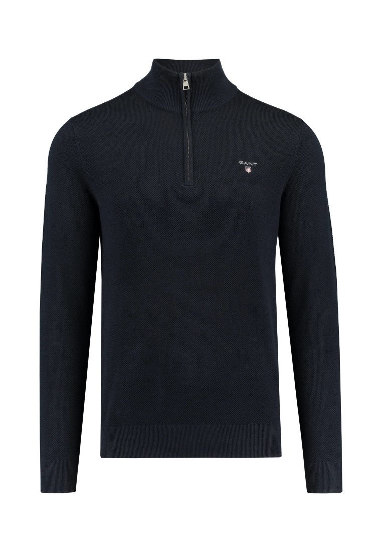 Dunkelblauer Pullover mit langen Ärmeln, hohem Kragen, halber Reißverschluss, strukturiertem Stoff und kleinem gesticktem Logo auf der Brust.