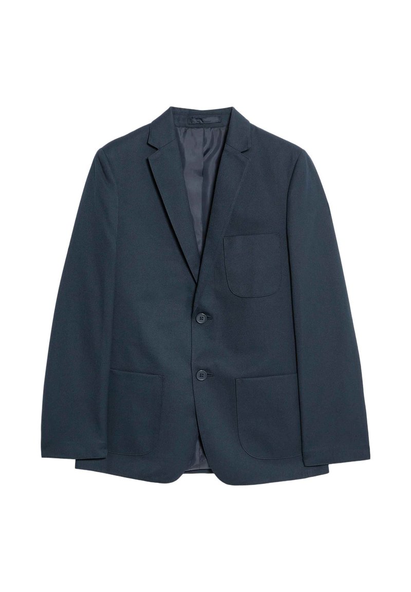 Dunkelgrauer Herrenblazer mit zwei Knöpfen, drei Vorderaschen und einem Reverskragen, auf einem weißen Hintergrund präsentiert.