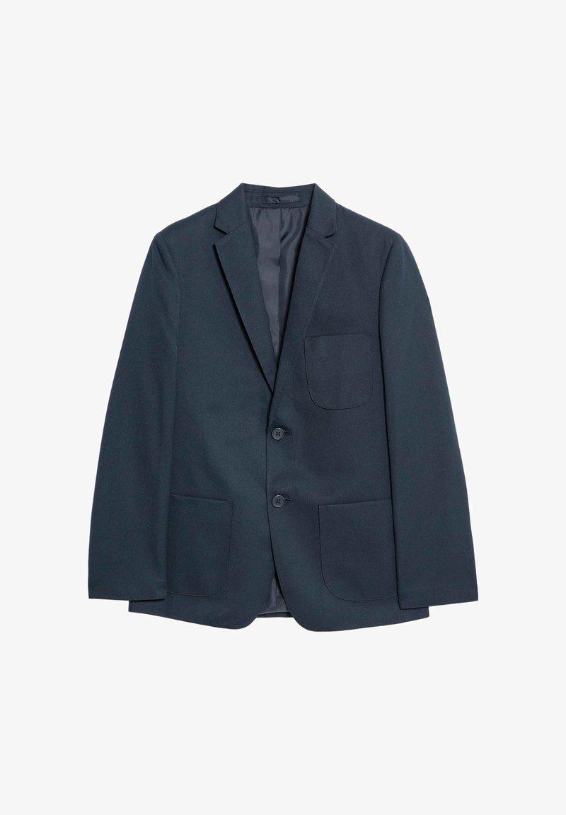 Blazer da uomo grigio scuro con due bottoni, tre tasche frontali e colletto a risvolto, esposto su uno sfondo bianco.