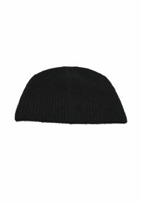 Black knitted beanie with ribbed texture, rounded crown, and rolled hem. Made from a soft, warm material suitable for cold weather.