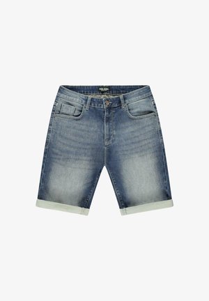 Blauwe denimshorts met omgeslagen zoom, knopen en rits aan de voorkant, en vijf zakken, inclusief een klein muntenzakje aan de rechterkant.