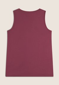 Top senza maniche bordeaux realizzato in tessuto liscio, con collo rotondo e orlo pulito. Design semplice senza motivi o dettagli visibili.