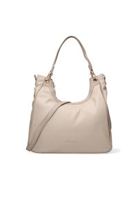 Borsa a tracolla in pelle beige con design morbido, dotata di inserzioni in oro e doppie maniglie. Texture liscia con un branding sottile visibile sul fronte.