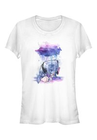 Camiseta blanca con un diseño de acuarela de un burro de dibujos animados en tonos azules y grises, acentuado por salpicaduras moradas y rosas en la parte superior.