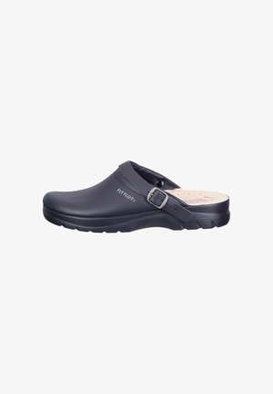 Black slip-on clog with adjustable heel strap, textured sole, and "FLY FLOT" logo on the side.
