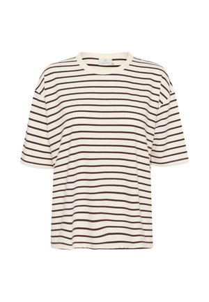 T-shirt à manches courtes rayé crème avec des bandes horizontales marron foncé. Il présente un col rond et une coupe décontractée. Matière en mélange de coton.