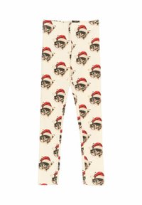 Legginsy w kremowym tle z powtarzającymi się brązowymi i białymi twarzami kotów noszących czerwone czapki Świętego Mikołaja. Wykonane z miękkiego, elastycznego materiału.