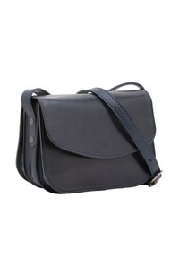 Marineblaue Leder-Crossbody-Tasche mit Klappenverschluss, verstellbarem Riemen und glatter Textur. Mit dezenten Nähten und Metallakzenten.