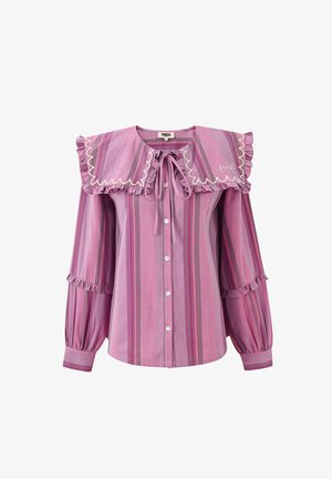 Langärmlige Bluse mit pink-lila Streifen, Rüschensäumen an den Ärmeln, großem, gewelltem Kragen mit Schleife und durchgehender Knopfleiste.