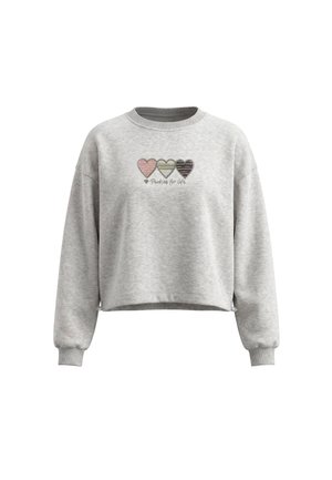 Lichtgrijze cropped sweatshirt met drie meerkleurige gestreepte harten en "Pookies for life" tekst op de voorkant, geribbelde boorden en ronde halslijn.