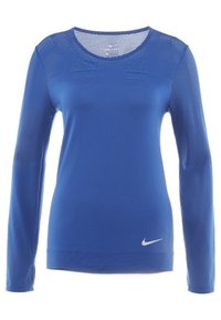 Blå långärmad idrottströja med mesh-paneler på axlarna, rund halsringning och silverfärgad Nike-logotyp på den nedre framsidan.