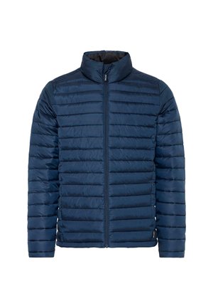 Giubbotto imbottito blu navy con texture a cuciture verticali, collo alto, chiusura con zip e due tasche laterali. Design leggero e isolato.