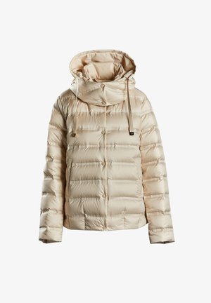 Bež jakna s podstavom, koja ima kapuljaču na vezanje, dugmad na snap i ovijen dizajn. Napravljena od sjajnog, laganog materijala s glatkom teksturom.