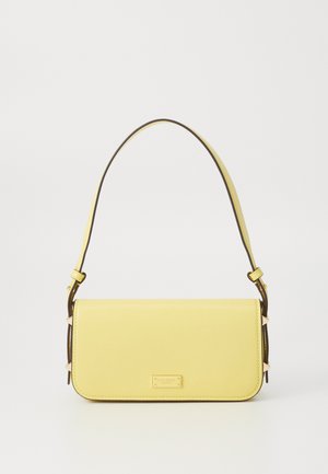 Yellow leather handbag with a slim rectangular shape, brown accents on the strap, and a metallic logo plate on the front.
