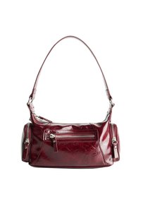 Shiny dark red leather shoulder bag with a front zipper pocket and two small zipped side compartments.