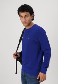 Un pull en tricot bleu royal avec un col rond, des poignets et une taille côtelés ; arborant un petit logo de la marque sur la poitrine.