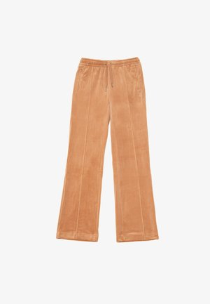 Pantaloni in velour di un caldo colore tan, con vita regolabile, gamba ampia e cuciture laterali sottili per una vestibilità rilassata. Texture liscia.