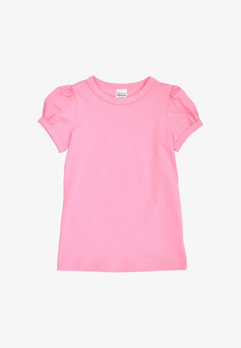 T-shirt rose à manches courtes pour enfants avec épaules bouffantes et encolure ronde sur fond blanc.