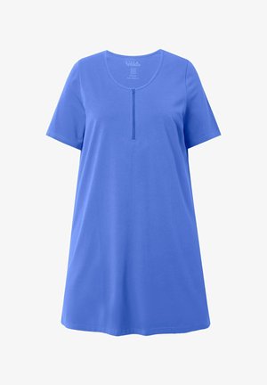 Kurzärmeliges, knielanges blaues Kleid mit Reißverschluss-Detail vorne unter dem runden Ausschnitt, aus weichem Baumwollstoff gefertigt.