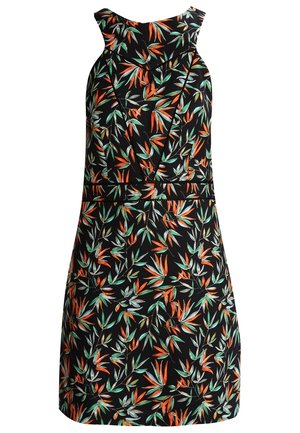Robe noire sans manches avec motif de feuilles tropicales vertes et oranges et taille ajustée.