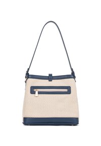 Borsa a tracolla intrecciata beige con rifiniture e tracolla in pelle blu navy, dotata di una tasca frontale con zip e una forma strutturata. Dettagli in ottone dorato.