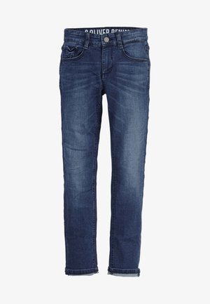 Vaqueros de mezclilla azul con un ajuste entallado, diseño de cinco bolsillos, desgaste ligero, detalles cosidos y dobladillo enrollado en los puños. Etiqueta de la marca visible en el interior.