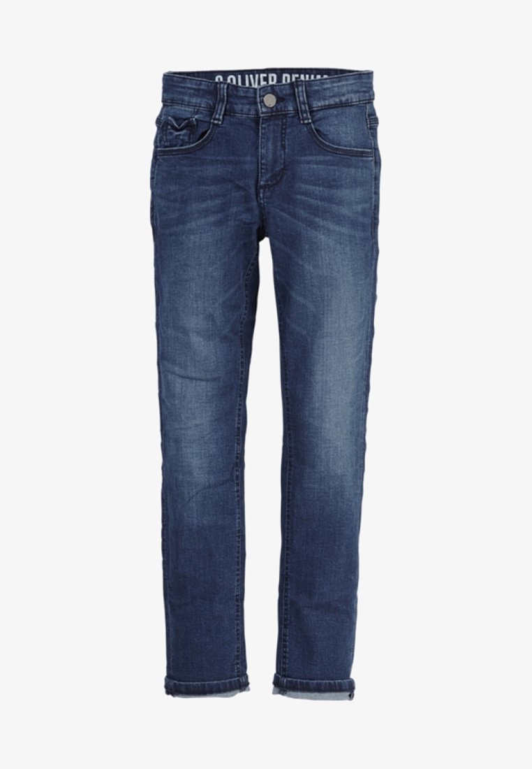 Vaqueros de mezclilla azul con un ajuste entallado, diseño de cinco bolsillos, desgaste ligero, detalles cosidos y dobladillo enrollado en los puños. Etiqueta de la marca visible en el interior.