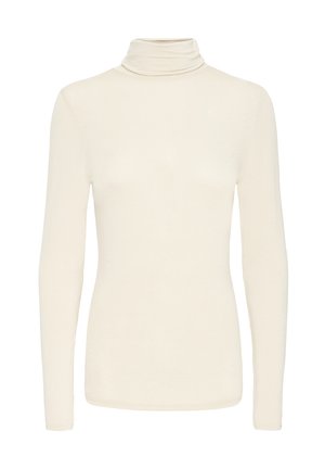 Krémový dlouhý rukáv turtleneck top s úzkým střihem a hladkou texturou látky, zobrazený na jednoduchém bílém pozadí.