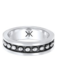 Sterling silver ring med en slät yttre band, centralt strukturerad svart yta och små silverkulor som är inpassade i designen.