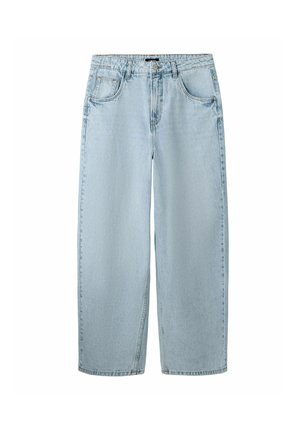 Svetlomodré rifle s vysokým pásom a širokými nohavicami, so zapínaním na gombíky a zipsom vpredu, s dvoma prednými vreckami a pútkami na opasok.