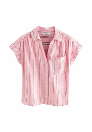 Rosa kurzärmeliges Hemd mit Knöpfen, das vertikale Streifen in dunklerem Rosa und Weiß zeigt. Verfügt über eine Brusttasche und ein lockeres Design.