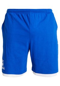 Pantalones cortos deportivos azules con cinturilla elástica y forro de malla blanca asomando por los dobladillos inferiores, con texto blanco parcial en la pierna izquierda.