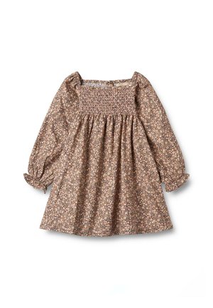 Blumenmusterkleid mit langen Puffärmeln, quadratischem Ausschnitt und gerafftem Oberteil. Brauner Stoff mit kleinen, mehrfarbigen Blumenmustern.