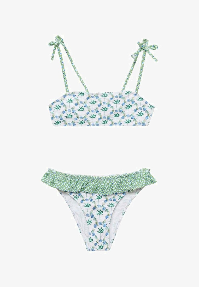 Dvodelni kopalni kostim s cvetličnim vzorcem v zeleni in modri barvi. Zgornji del ima kvadratni izrez in zavezujoče naramnice; spodnji del ima naguban zeleni pas.