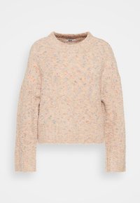 Maglione rosa chiaro con tessuto testurizzato, collo rotondo e maniche lunghe. Presenta macchie multicolori in tutto il design.